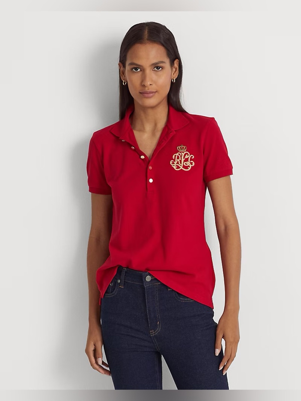 Lauren Ralph Lauren metallic Embroidered Pique Polo Shirt Red FLAW